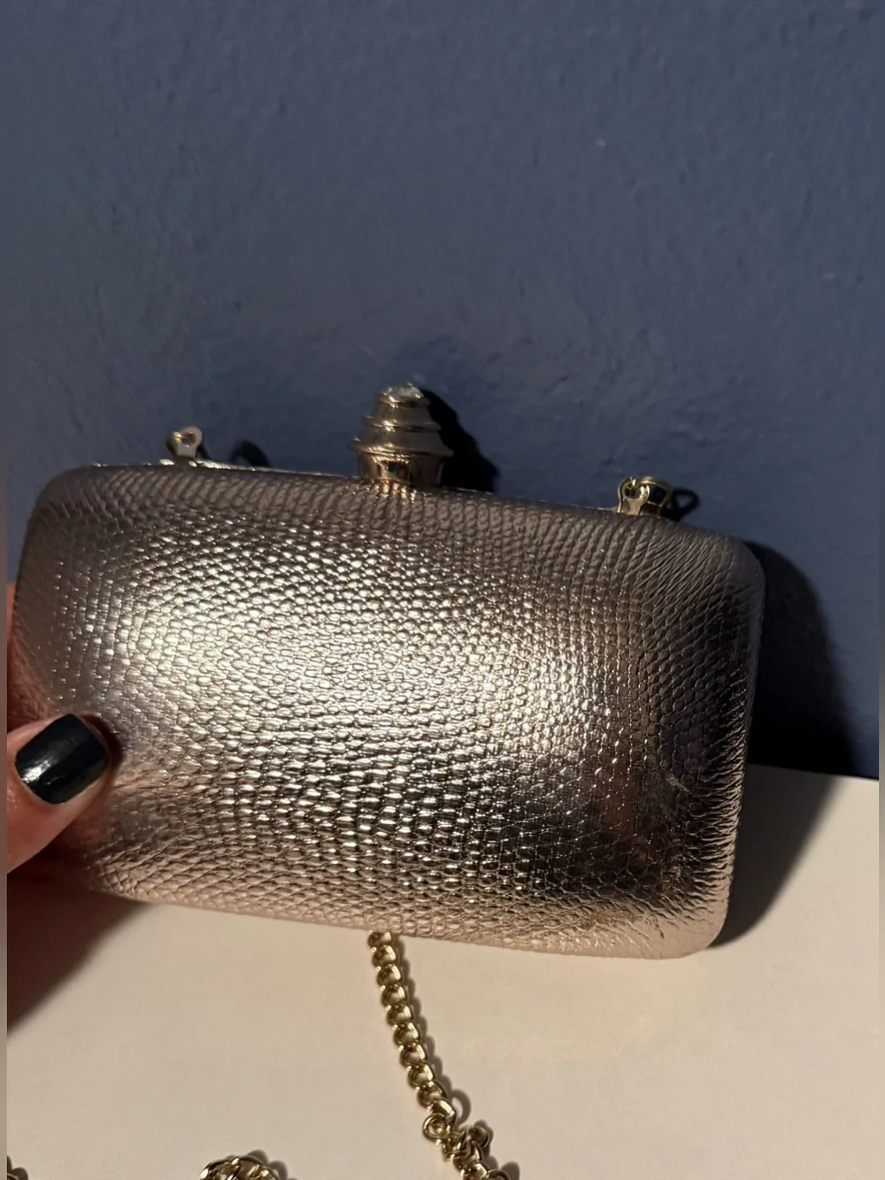 Metallic Rose Gold Hard Case Evening Clutch Bag Minaudiere Gold Chain Strap